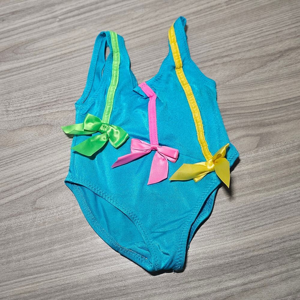 Toddler size 2 Cole of California 2T Vintage Blue Swimsuit Green Pink Yellow Bow